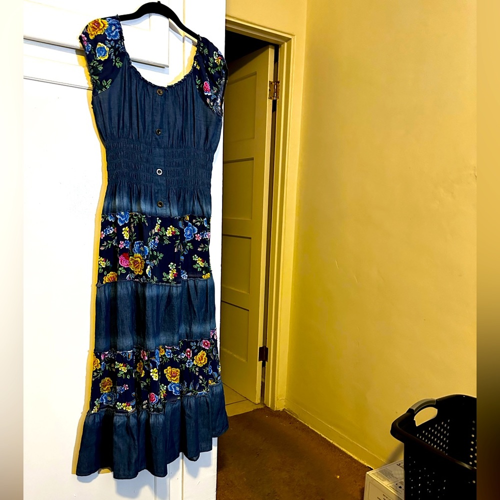 LAPIS denim and flower print maxi dress with button detail and snatched waist